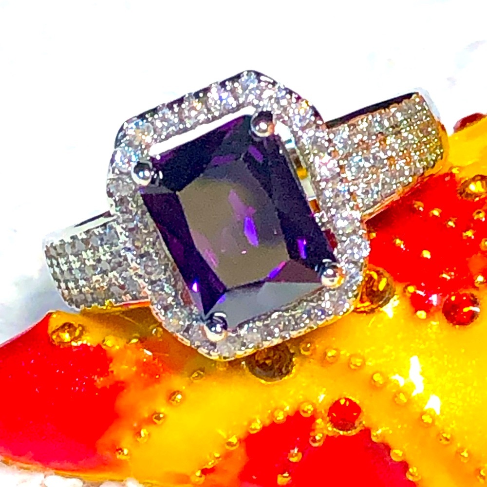 Purple amethyst and cubic ring in sterling-Feb birthday